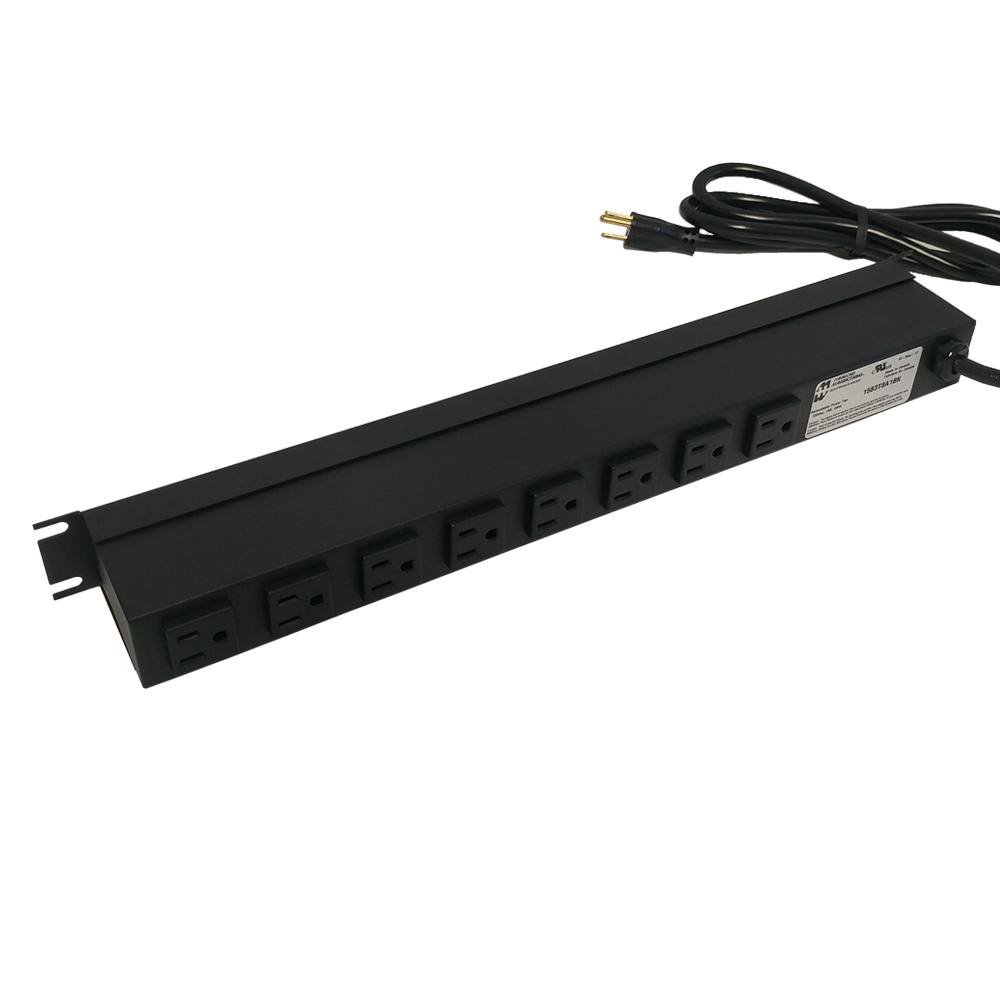 1583T8A1BK: 19 Inch 8 Outlet Horizontal Rack Mount Power Strip - 6ft Cord, 5-15P Plug, 5-15R Rear Receptacles