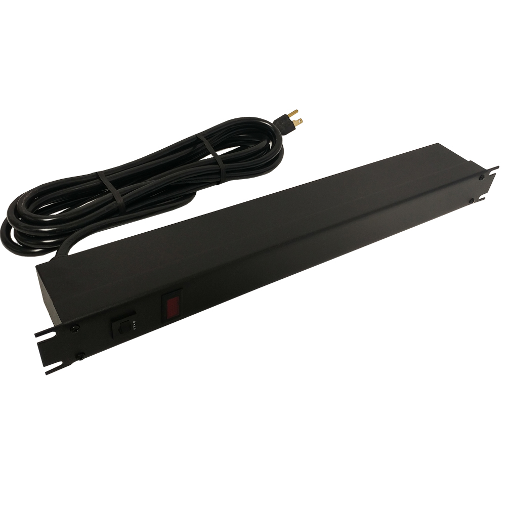 1583T8B1BK: 19 Inch 8 Outlet Horizontal Rack Mount Power Strip - 15ft Cord, 5-15P Plug, 5-15R Rear Receptacles