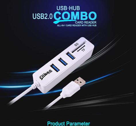 CR-U2H: USB 2.0 3 Ports HUB Card Reader Combo