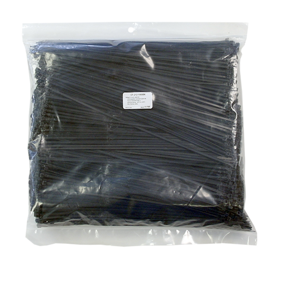 CT-212-1000BK: 1000pk 12 inch cable tie (40lb) - UV & weather resistant nylon 66 - Black - Click Image to Close