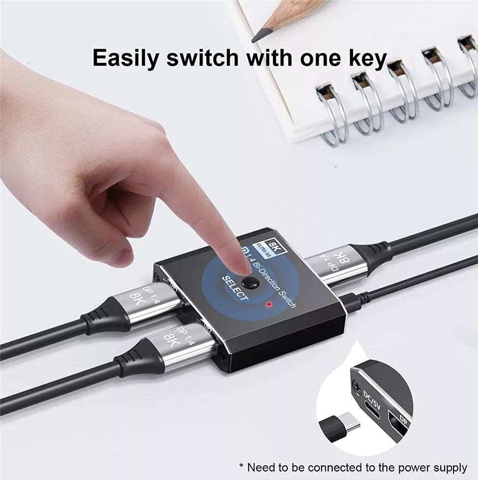 DP142SW2: 2-port DisplayPort 1.4 Switch 8K Display Port Bi-direction splitter or switcher DP 2X1 1X2 8K@30Hz,4K@120Hz