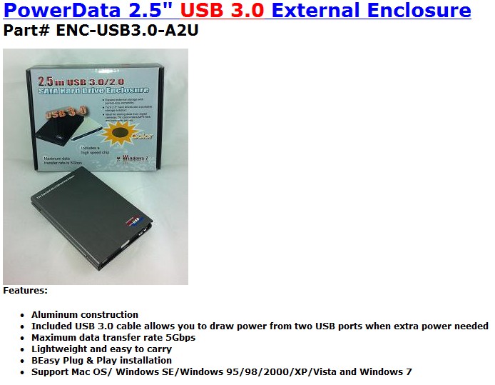 HF-ENC-USB3.0-A2U: "2.5"" HDD USB 3.0 Aluminum Enclosure "