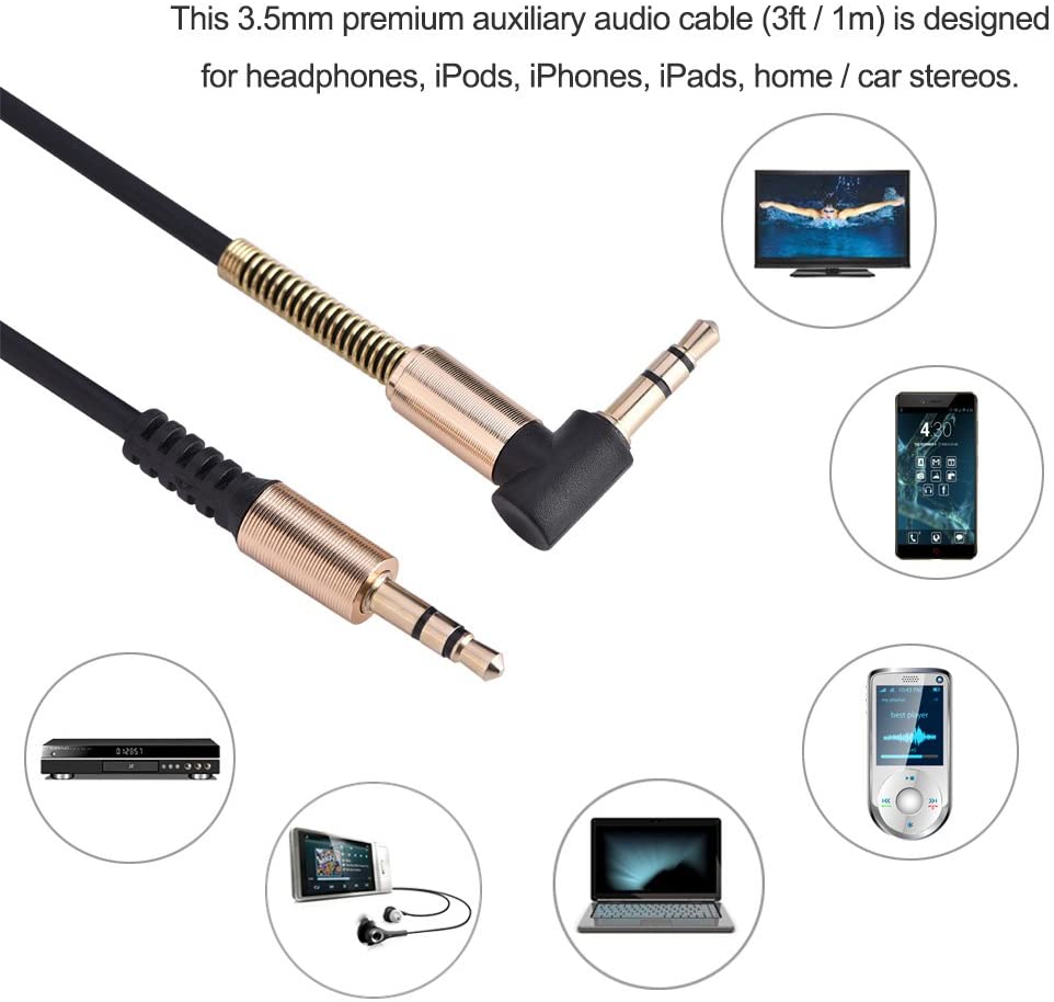 HF-A35MM90: 3.5mm Male to Male Aux Cable Auxiliary Audio Jack to Jack Cable 90 Degree Right Angle Compatible for Speaker Headphone 3ft/1m