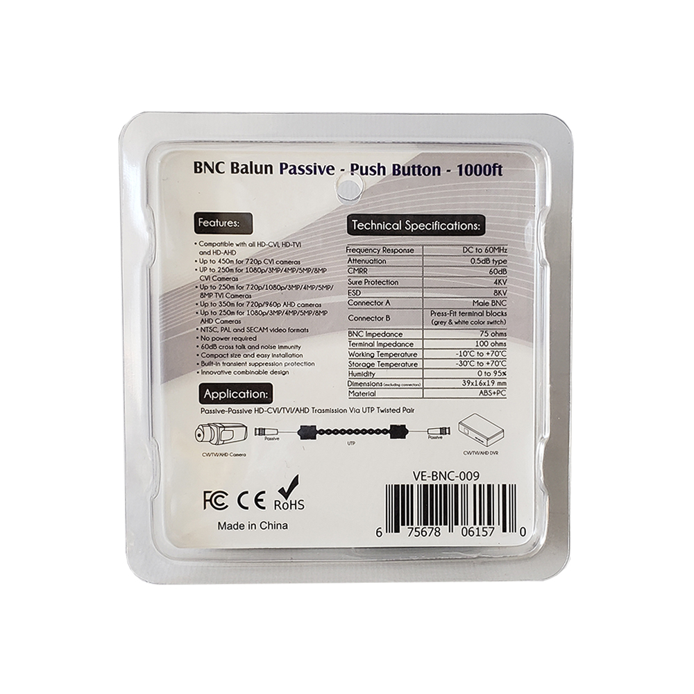 HF-BNC4KPI: BNC Balun - 1000ft Passive Video Extender - Push Button