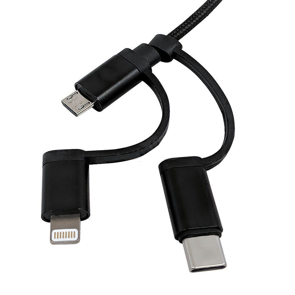 HF-C3IN13FMFI: 3-in-1 Apple iPhone 8-pin Lightning/Micro B/Type-C to USB A Male Cable with Black Mesh - Apple MFi certified 3 ft/1m - Click Image to Close