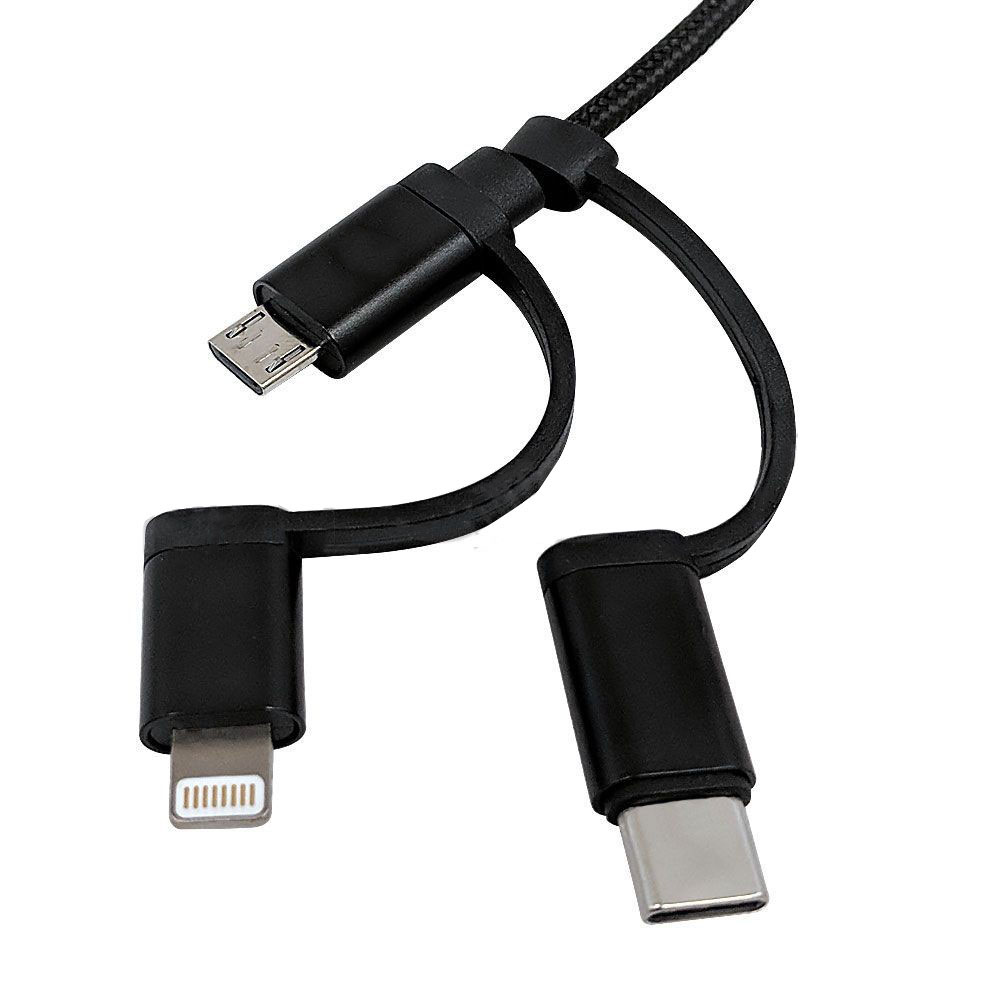 HF-C3IN13FMFI: 3-in-1 Apple iPhone 8-pin Lightning/Micro B/Type-C to USB A Male Cable with Black Mesh - Apple MFi certified 3 ft/1m