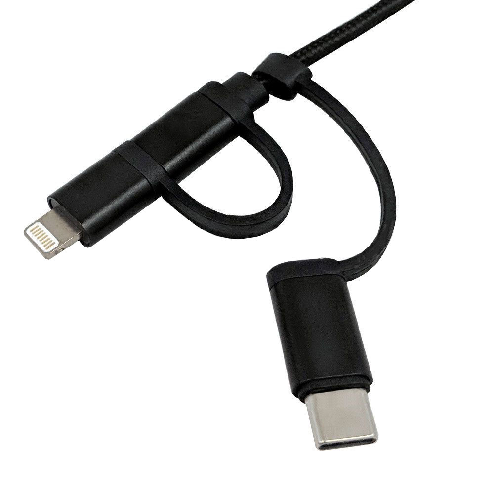 HF-C3IN13FMFI: 3-in-1 Apple iPhone 8-pin Lightning/Micro B/Type-C to USB A Male Cable with Black Mesh - Apple MFi certified 3 ft/1m