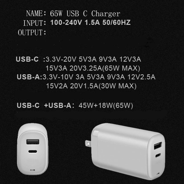 HF-CH2IN1-65: GaN USB TYPE C + USB PD+QC 65W Power Adapter Charger - Click Image to Close