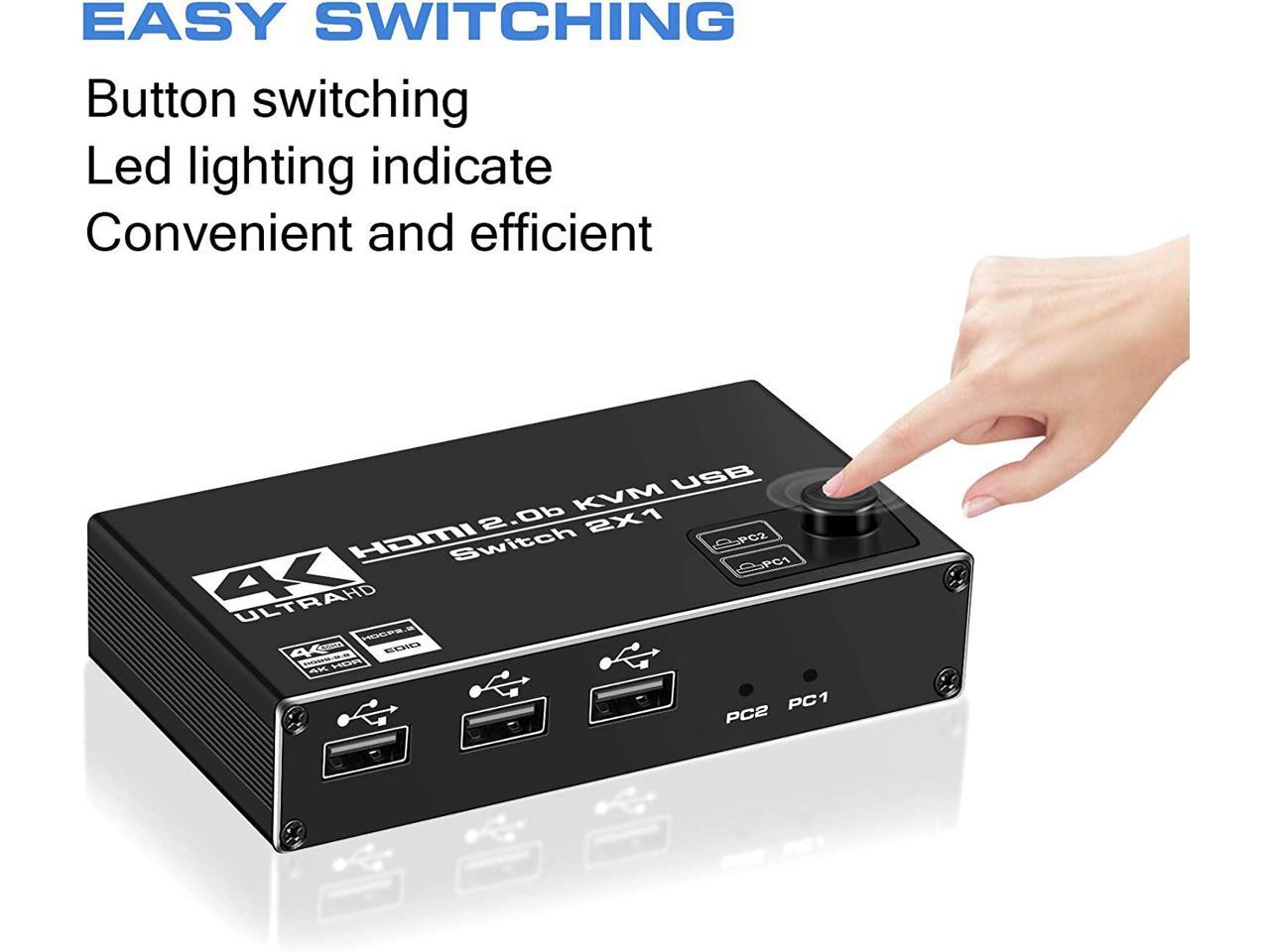 HF-HKU212: HDMI KVM Switch, 4K@60Hz USB Switch 2x1 HDMI2.0 Ports + 3X USB KVM Ports, Share 2 Computers to one Monitor, Support Wireless Keyboard and Mouse, USB Disk, Printer, USB Camera