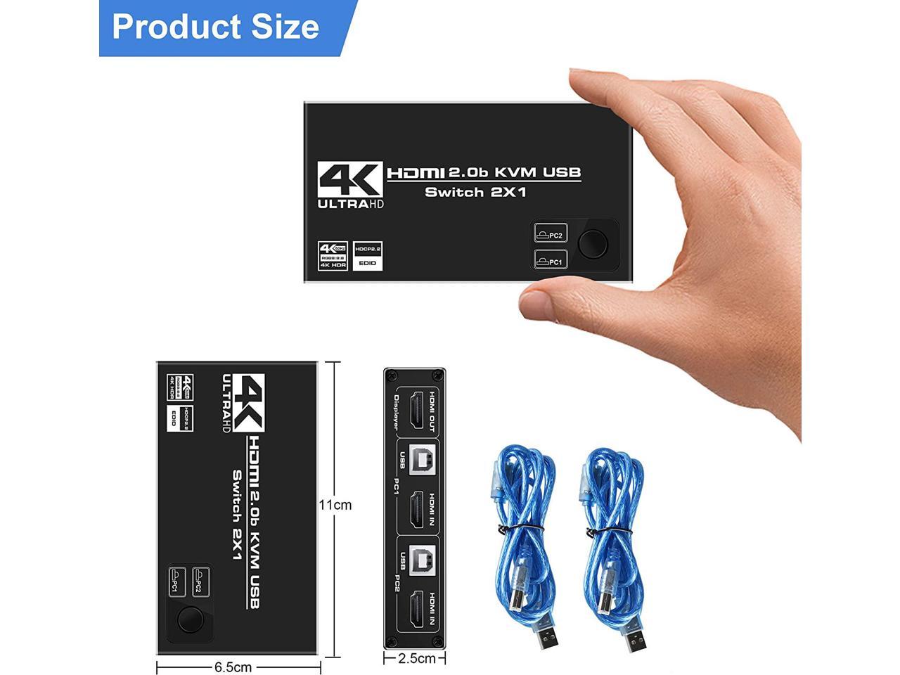 HF-HKU212: HDMI KVM Switch, 4K@60Hz USB Switch 2x1 HDMI2.0 Ports + 3X USB KVM Ports, Share 2 Computers to one Monitor, Support Wireless Keyboard and Mouse, USB Disk, Printer, USB Camera