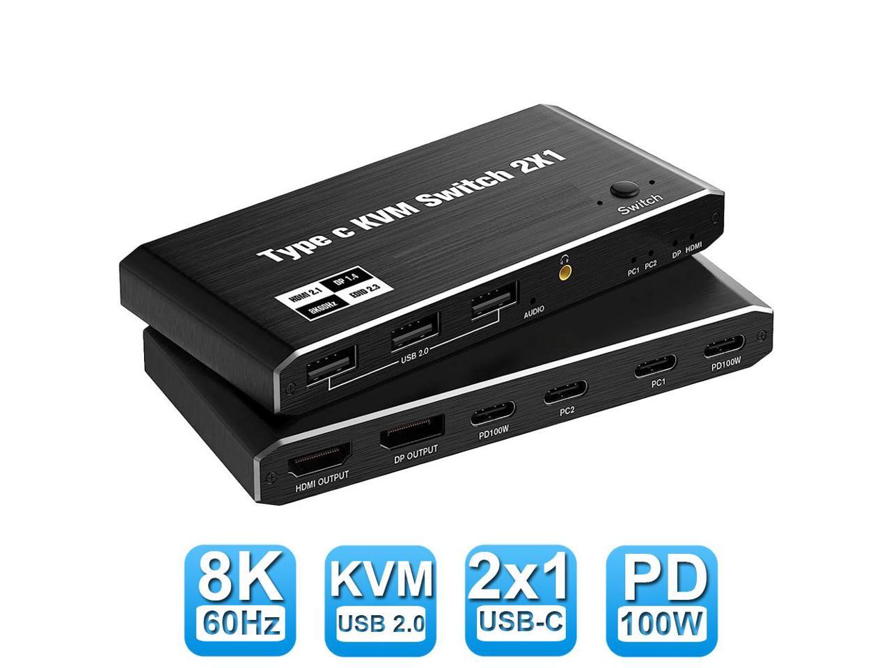 HF-HKUC2: 8K USB C KVM Switch HDMI 2 Port 8K@60Hz 4K@120Hz, HDMI 2.1 KVM Switch with and 100W Power Delivery for 2 Computers Share 1 Monitor(DP/HDMI Output) and 3 USB Devices,3.5mm Audio