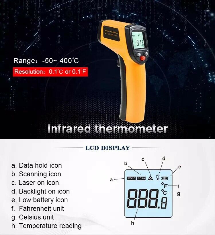 HF-ITHERM: Infrared Thermometer, Non-Contact Digital Laser Temperature Gun -58°F to 1022°F (-50°C to 550°C) with LCD Display (NOT for Human) - Click Image to Close