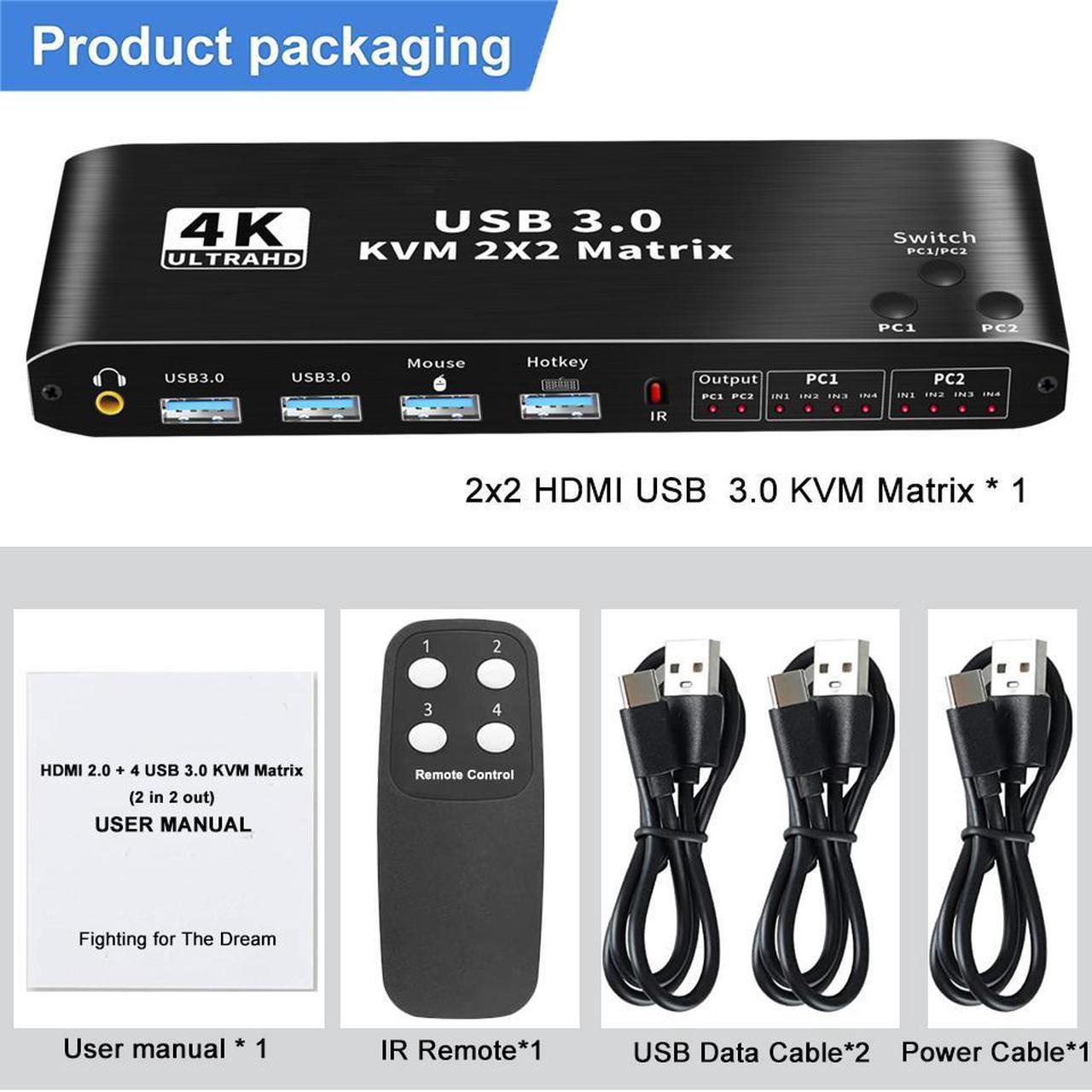 HF-DVHK2: 4K@60Hz HDMI Matrix KVM Switch with USB 3.0 2 in 2 Out, 2 Port KVM Switch for 2 Computers 2 Monitor, 2 PCs Share Dual Monitor, 1 Set of Keyboard, Mouse, Printer for Mac, Windows