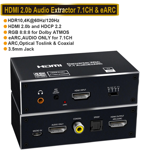 HF-M620: HDMI 2.0 Audio Extractor 4K 120Hz RGB8:8:8 HDR HDMI Splitter Audio Converter 4K HDMI to Optical TOSLINK SPDIF 7.1 w/ eARC/ARC