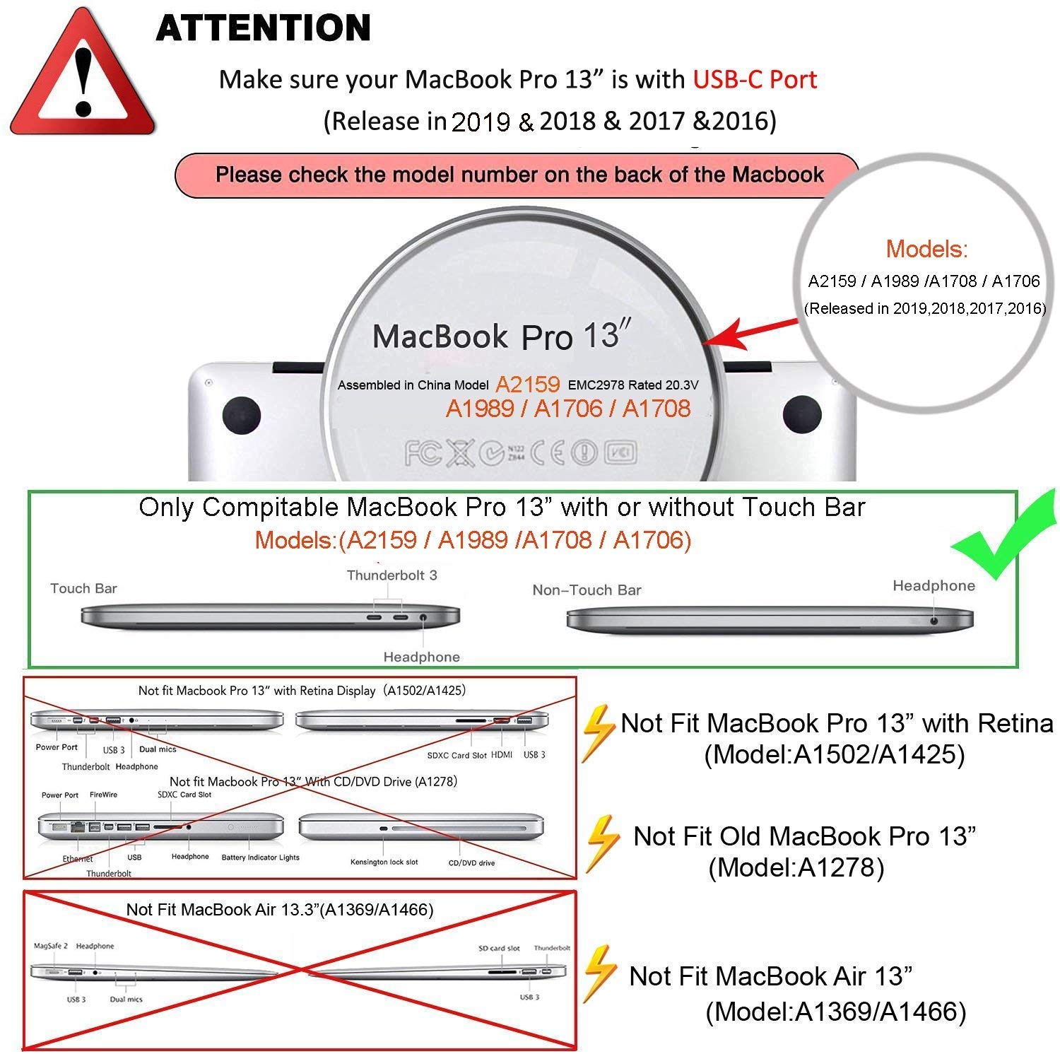 HF-MBP-CSC: MacBook Pro 13 Case 2019 2018 2017 2016 Release A2159 A1989 A1706 A1708, Plastic Hard Case Shell Cover Compatible with MacBook Pro 13 Inch with/Without Touch Bar and Touch ID, Crystal Clear