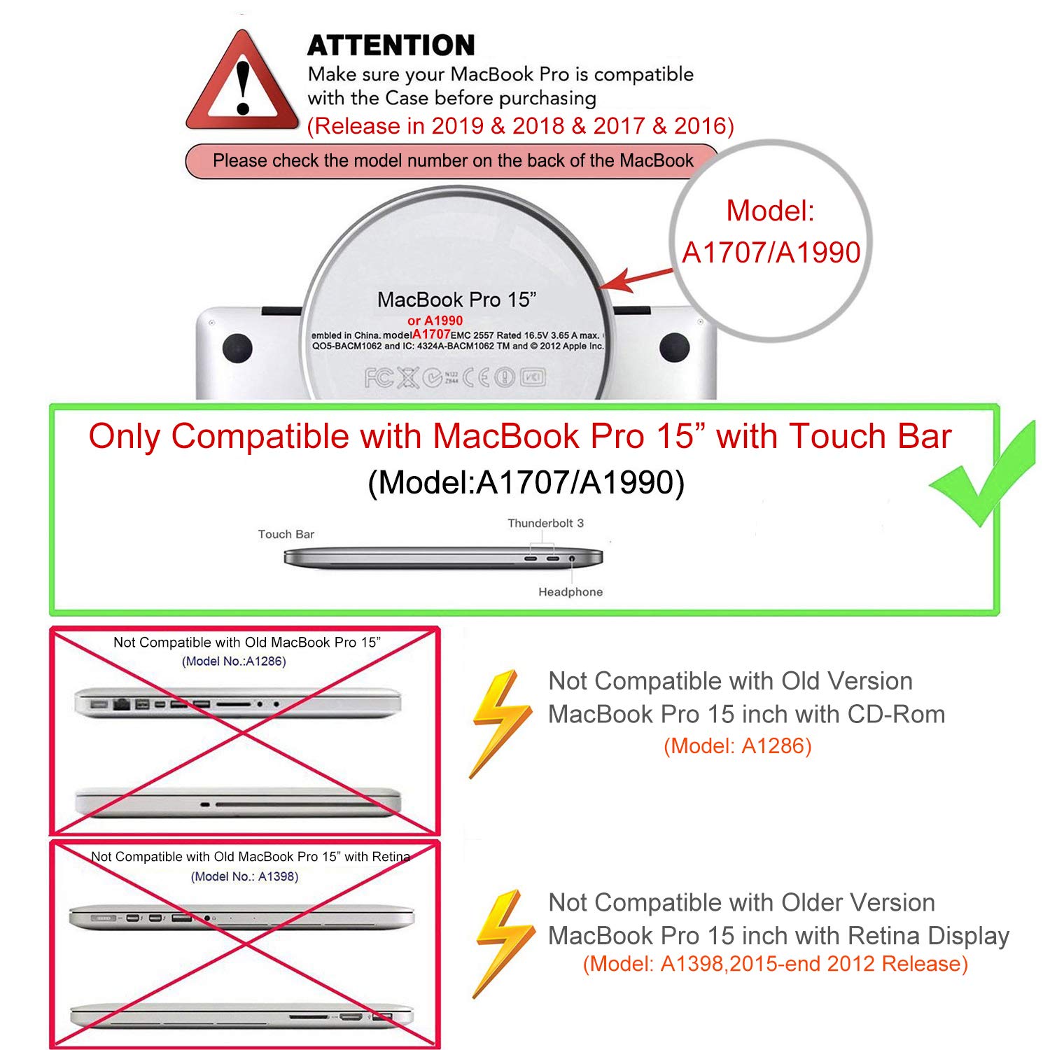 HF-MBP15-CSC: MacBook Pro 15 Case 2019 2018 2017 2016 Release A1990 / A1707 with Touch Bar & Touch ID, Plastic Hard Case Shell Cover Compatible with MacBook Pro 15 Inch, Clear
