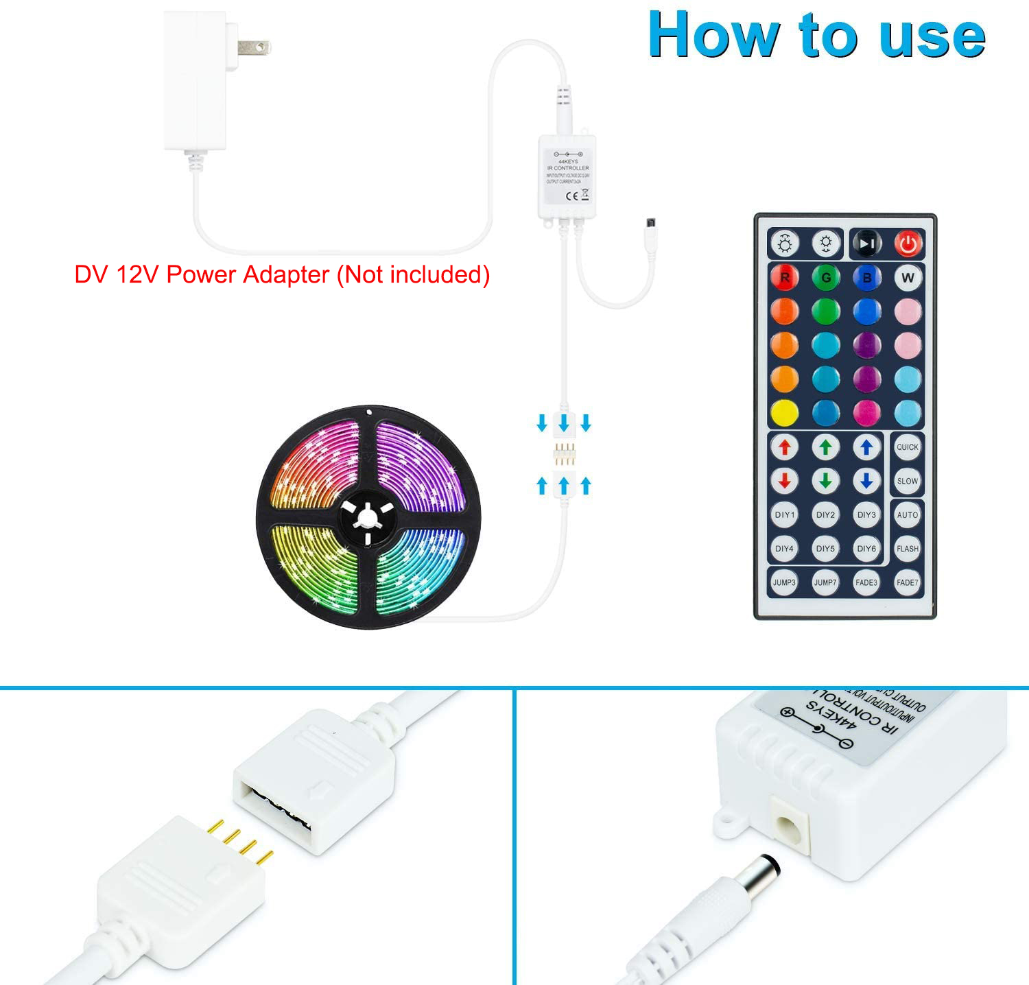 HF-MCLED44: Led Light Remote Controller Kit, 1-Port 44 Keys Wireless IR Remote with Receiver for RGB 5050 2835 LED Strip Lights - Click Image to Close