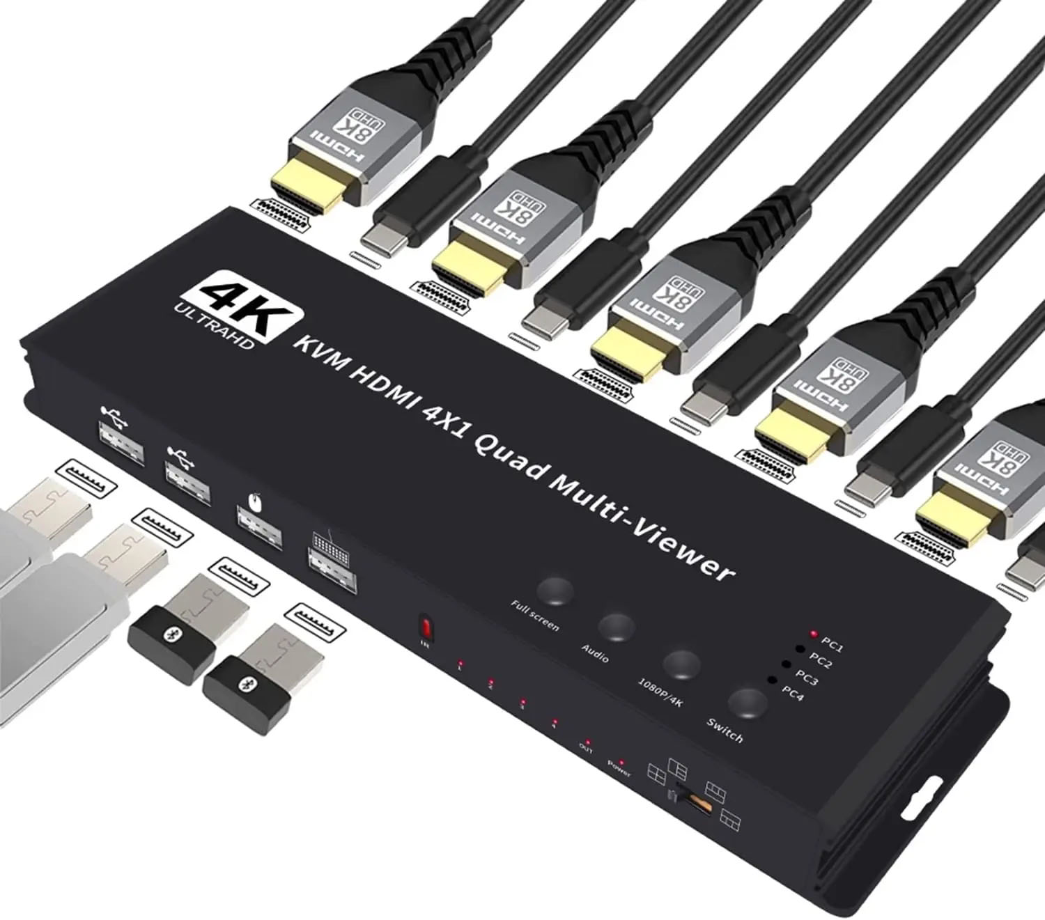 HF-MVHK4: 4K HDMI KVM Switch 4x1 Quad Multi Viewer 4 in 1 Out KVM HDMI Processor Screen Multiviewer Seamless for 4 PC Share Mouse Keyboard