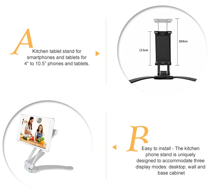 HF-NKS-TH: tablet stand mount , Kitchen Tablet Holder Adjustable arm Phone Tablet Bracket fits 4 to 10.5" Tablets and Cabinet Desktop Mount Stand for Samsung iPad Tablet Smartphone-