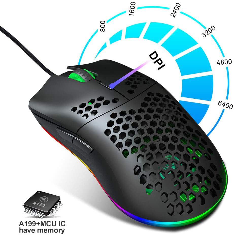 HF-T98GM: 6400DPI Programable 6 Buttons Gamer USB Wired Mouse RGB Gaming Mice for Desktop PC Laptop