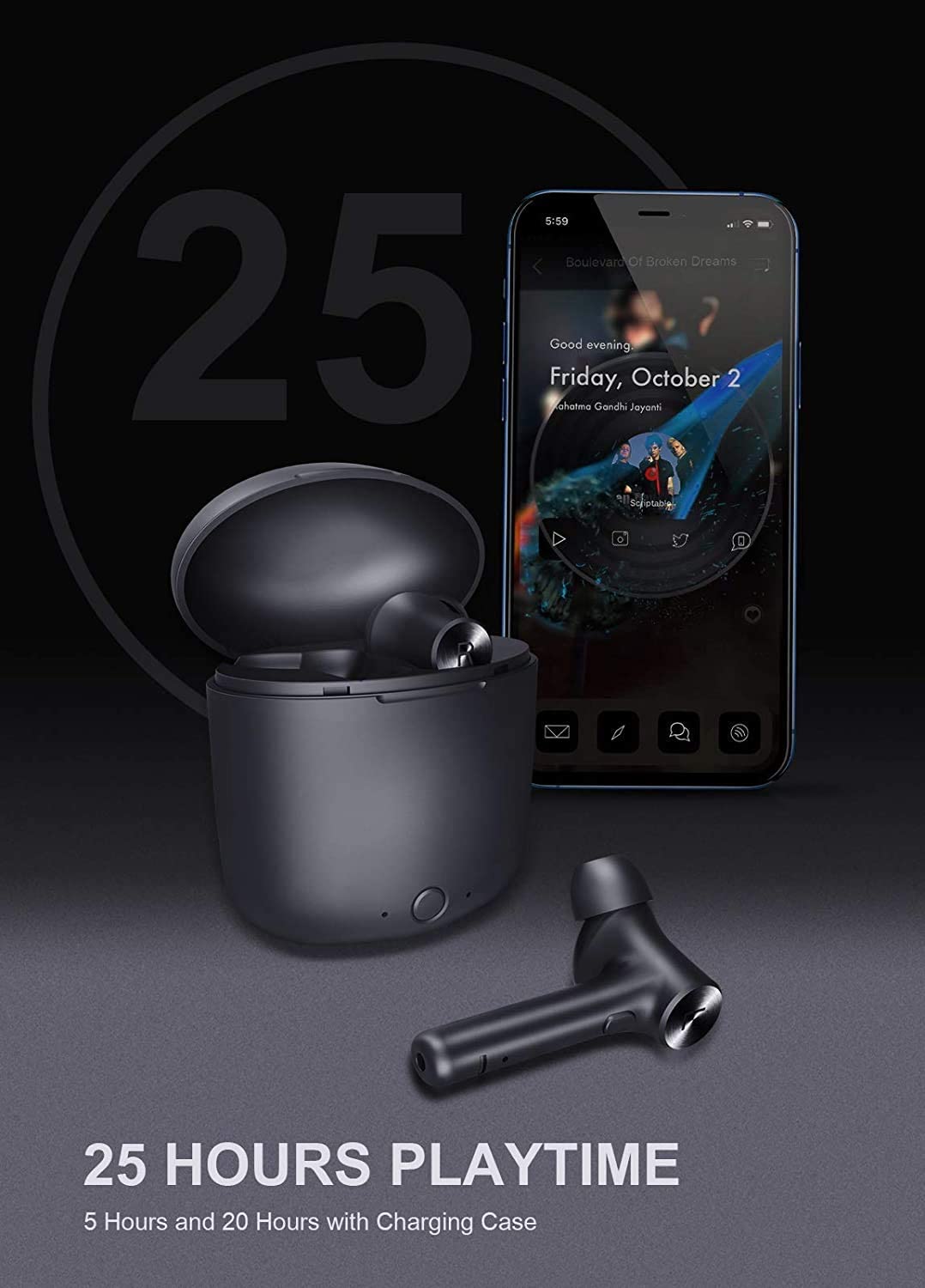 HF-TWE-HUR: Bluetooth 5.0 True Wireless Earbuds, Bluedio Hi(Hurricane) TWS Headphones in-Ear Earphones with Charging Case 5Hrs Playtime