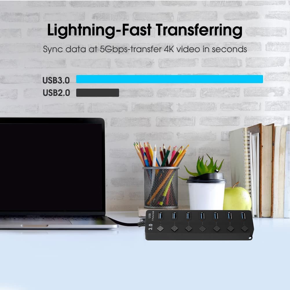 HF-U3HUBSP7: 7-Port USB 3.0 Hub,High Speed 5GB/S Data with Key Switch w/Power Adapter