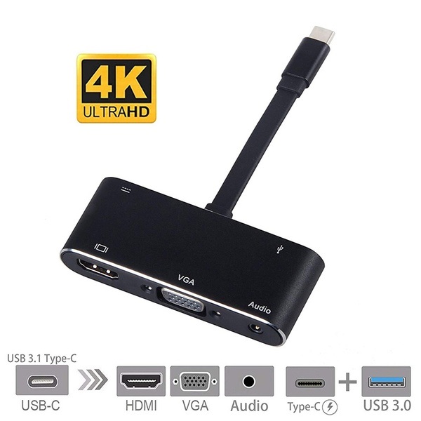 HF-UCA51: USB C to HDMI Adapter 4K 5 in 1 Type-C to HDMI/VGA/ Audio/USB 3.0 Port+USB C Female Port(PD) Converter