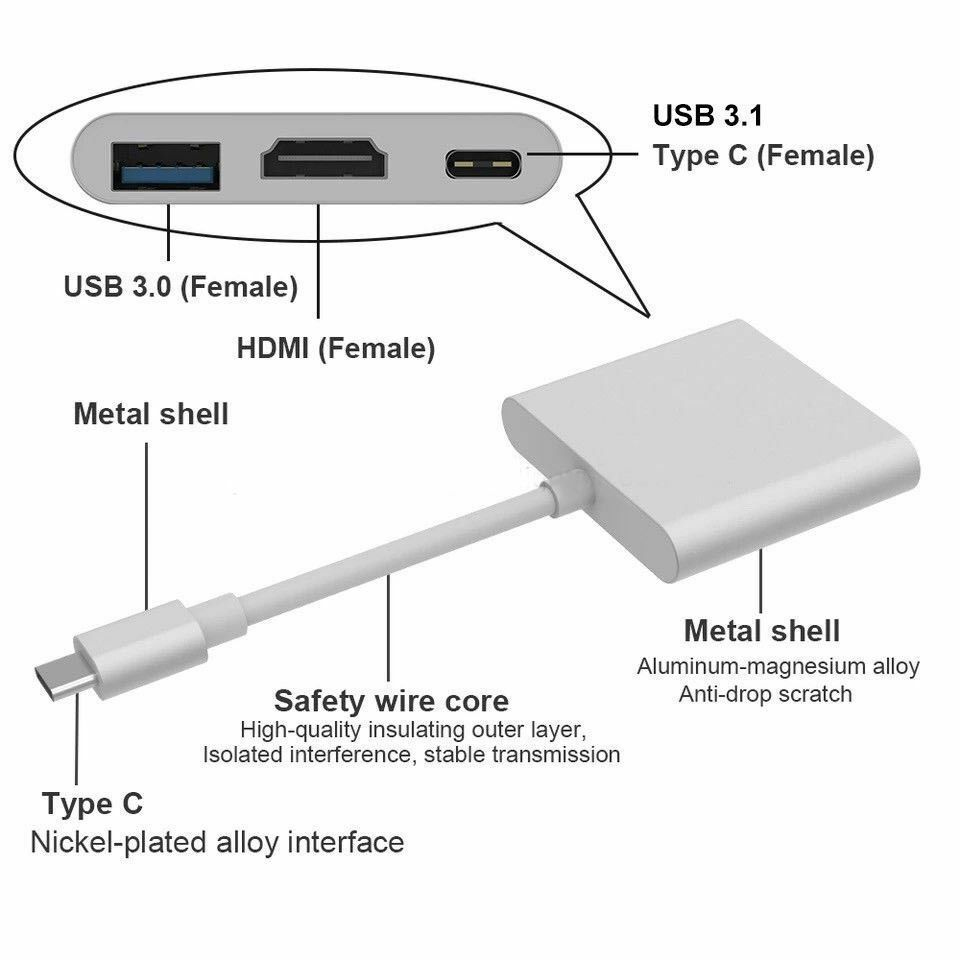 HF-UCTUCH: 3 in 1 USB 3.1 Type C To HDMI USB 3.0 HUB USB-C multi-port Adapter Dongle Dock Cable for Macbook Pro - Click Image to Close