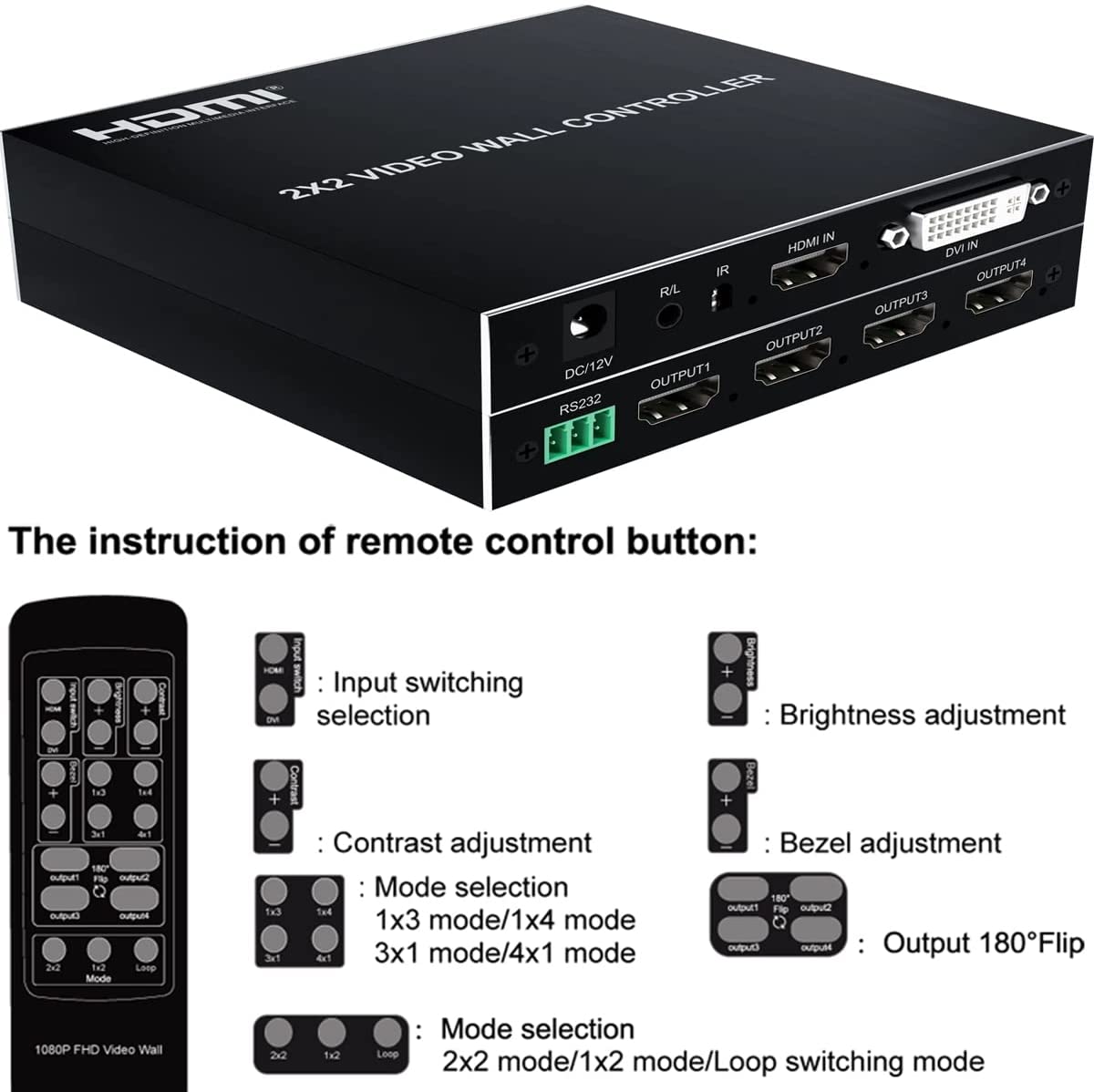 HF-VWC22A: 2x2 Video Wall Controller, 1080P@60HZ HD Display, 180 Degree Rotate, 8 Display Modes - 2x2, 1x2, 1x3, 1x4, 2x1, 3x1, 4x1,1 HDMI/DVI Input 4 HDMI Output with RS232 Control