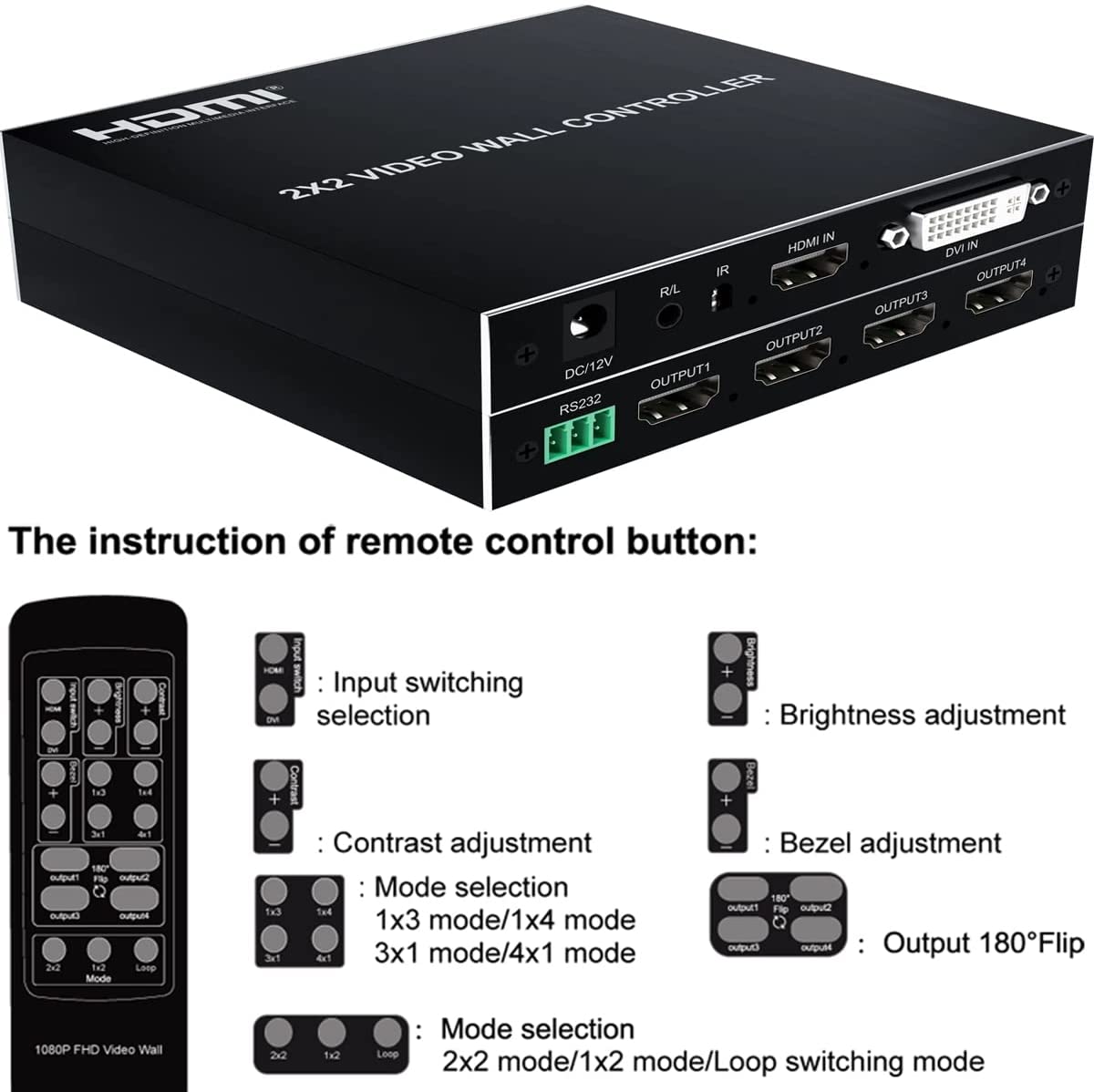 HF-VWC22A: 2x2 Video Wall Controller, 1080P@60HZ HD Display, 180 Degree Rotate, 8 Display Modes - 2x2, 1x2, 1x3, 1x4, 2x1, 3x1, 4x1,1 HDMI/DVI Input 4 HDMI Output with RS232 Control - Click Image to Close