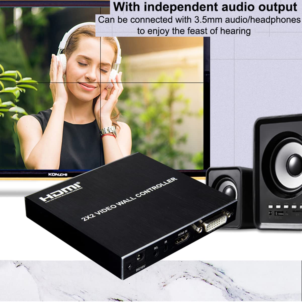 HF-VWC22A: 2x2 Video Wall Controller, 1080P@60HZ HD Display, 180 Degree Rotate, 8 Display Modes - 2x2, 1x2, 1x3, 1x4, 2x1, 3x1, 4x1,1 HDMI/DVI Input 4 HDMI Output with RS232 Control