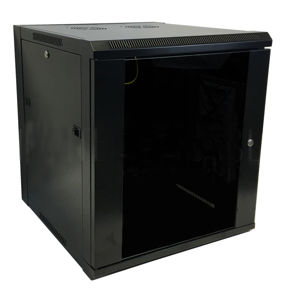 HF-WC12U195: Wall Mount Cabinet 12U x 19.5" Usable Depth, Glass Door, Fans - Black