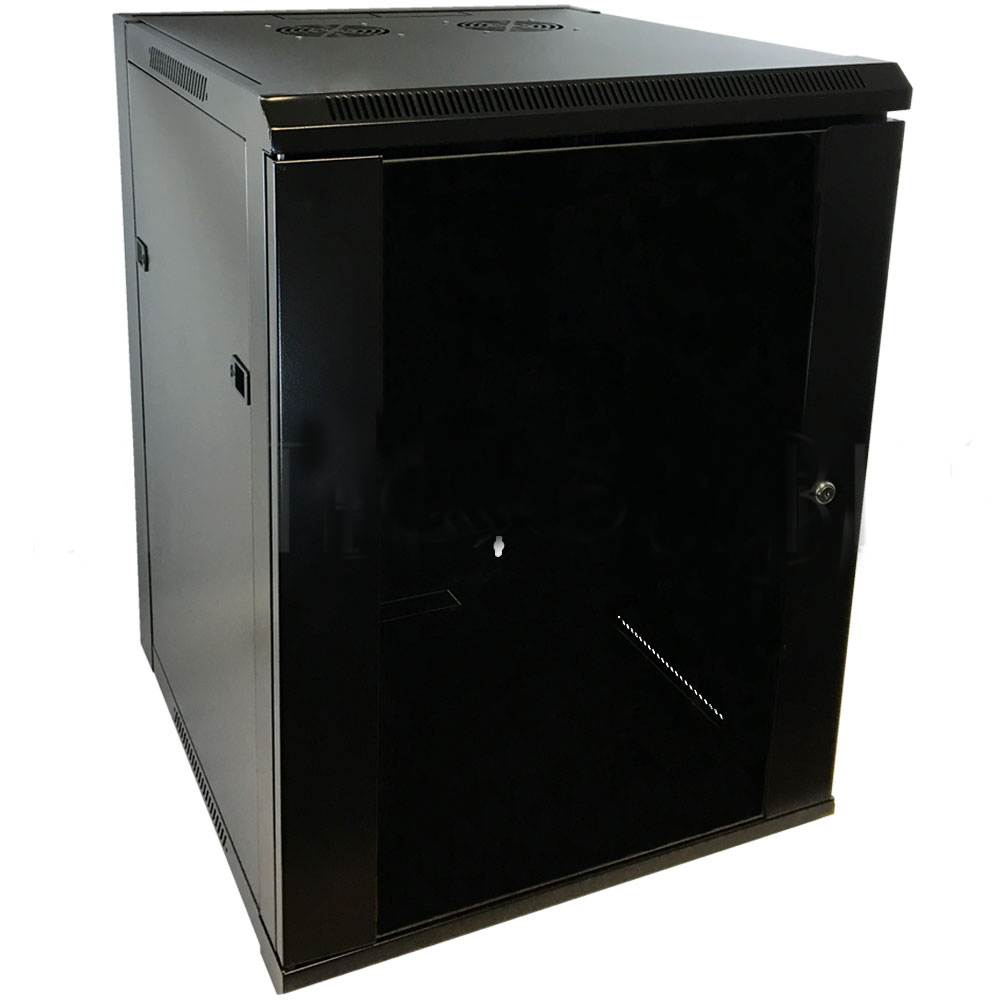 HF-WC15U195: Wall Mount Cabinet 15U x 19.5" Usable Depth, Glass Door, Fans - Black