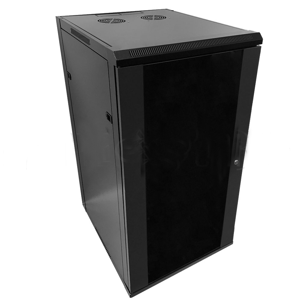 HF-WC22U230: Wall Mount Cabinet 22U x 23" Usable Depth, Glass Door, Fans - Black