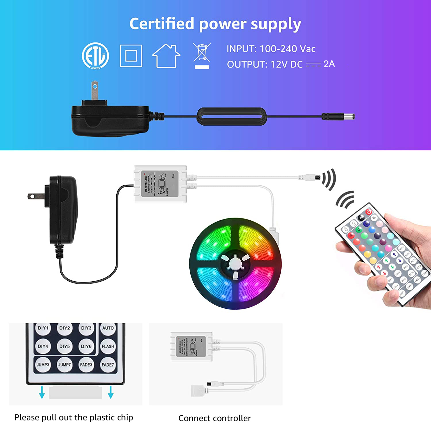 HF-WC5050LED5M: 5m / 16.4 ft RGB LED Light Strips Kit, Color Changing with 44 Keys with Remote Control and 12V Power Supply