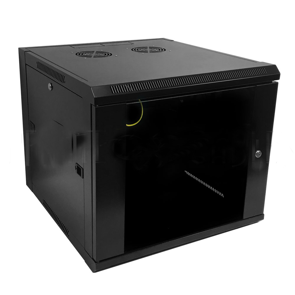 HF-WC9U195: Wall Mount Cabinet 9U x 19.5" Usable Depth, Glass Door, Fans - Black