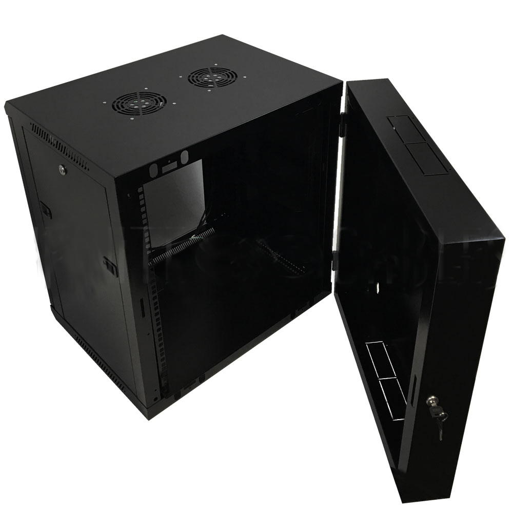 HF-WCS12U185: Wall Mount Swing-Out Cabinet 12U x 18.5" Usable Depth, Fans - Black - Click Image to Close