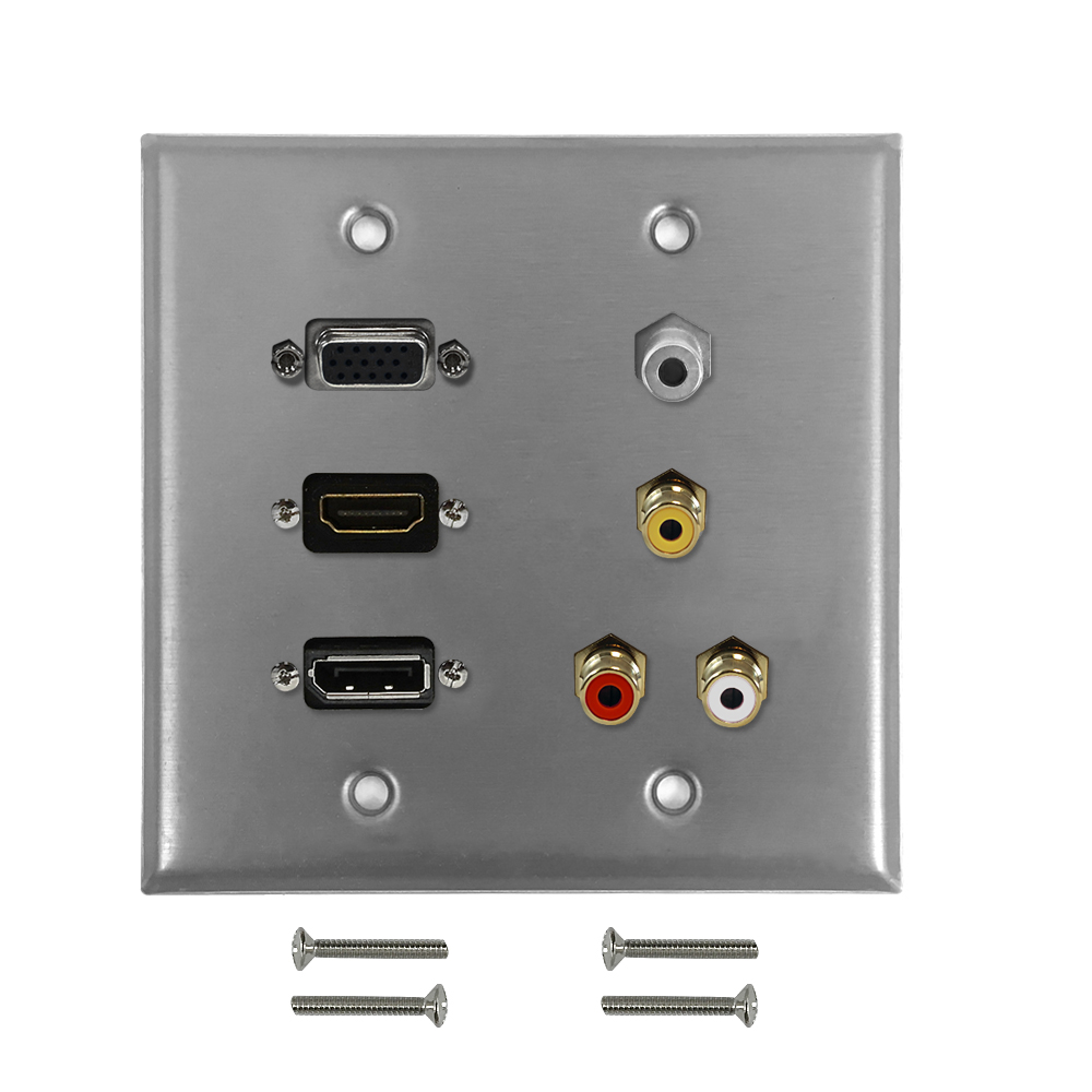HF-WPK-SS-209: VGA, HDMI, DisplayPort, 3.5mm, RCA Composite + Left/Right Audio Doublegang Wall Plate Kit - Stainless Steel