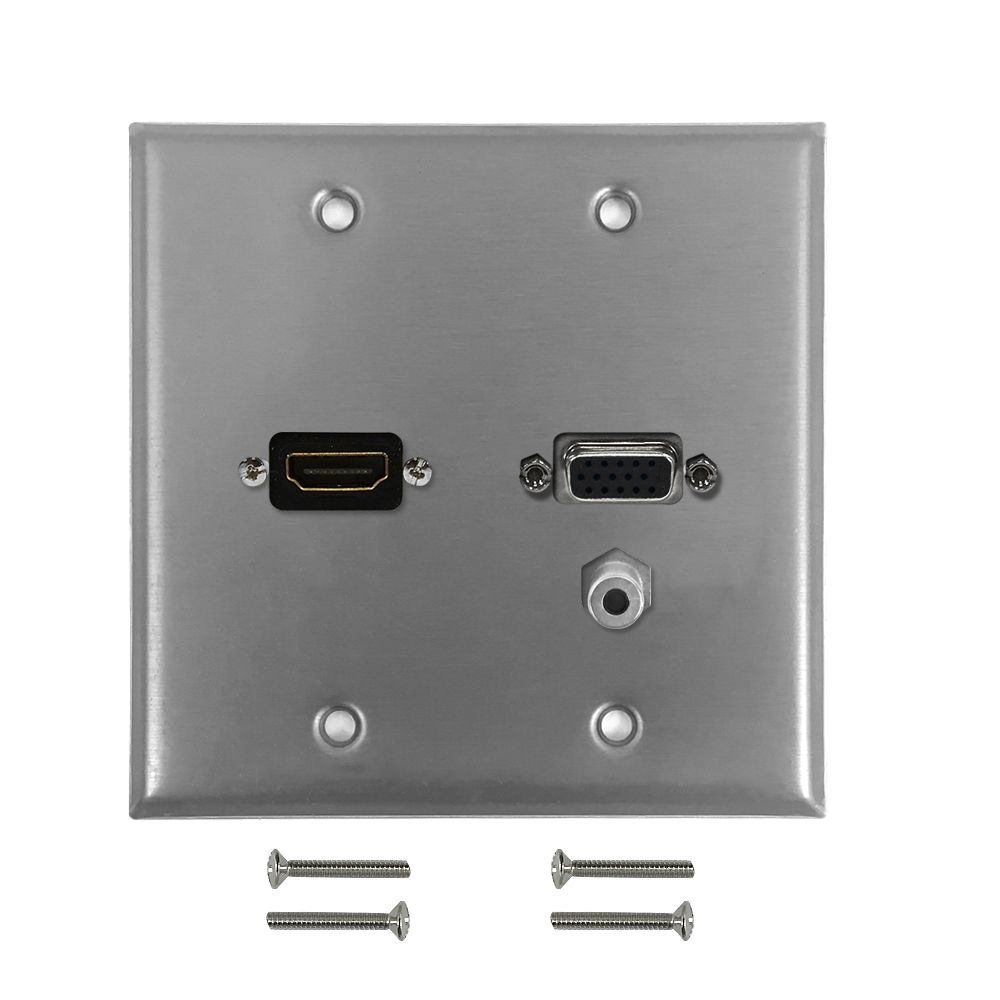 HF-WPK-SS-210: VGA, HDMI, 3.5mm Double Gang Wall Plate Kit - Stainless Steel