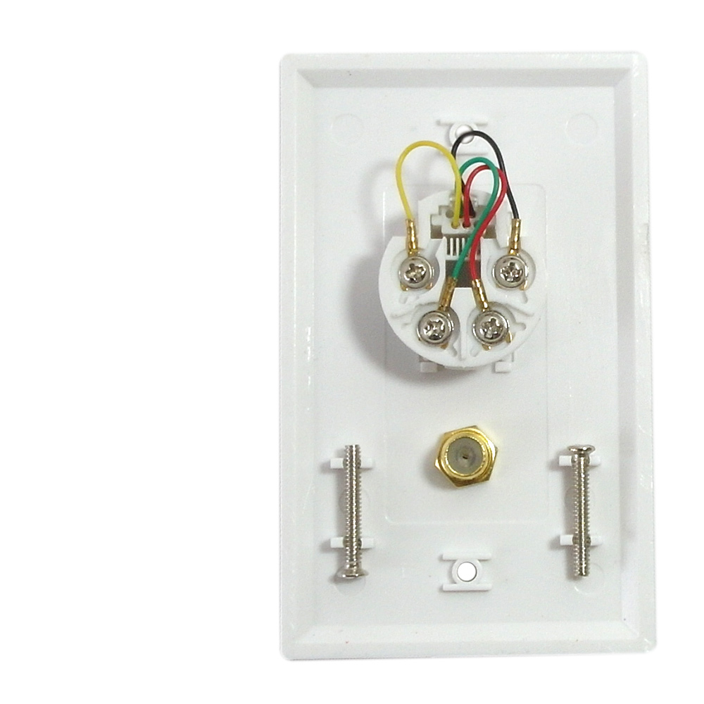 HF-WPK-TTV1-WH: Single gang decora style 1x coax 1x telephone wall plate 6P4C - White - Click Image to Close