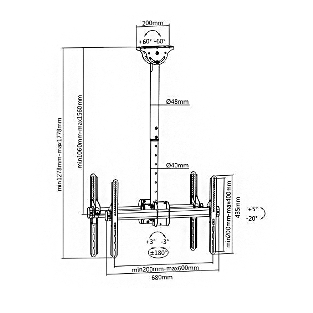 HFTM-CM252: Dual Swivel & Tilt Ceiling Mount Bracket for Flat LCD/LEDs - Fits Sizes 37-70 inches - Maximum VESA 600x400