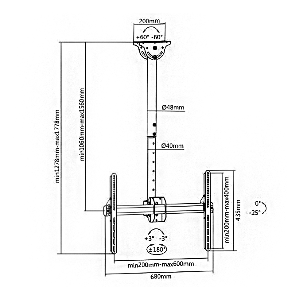 HFTM-CM3770: Telescopic Swivel & Tilt Ceiling Mount Bracket for Flat LCD/LEDs - Fits Sizes 37-70 inches - Maximum VESA 600x400
