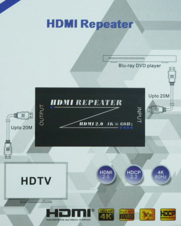 HR02: HDMI 2.0 Signal Amplifier Repeater Booster Support 3D/Compressed audio for HD 4K@60/1080P 40m