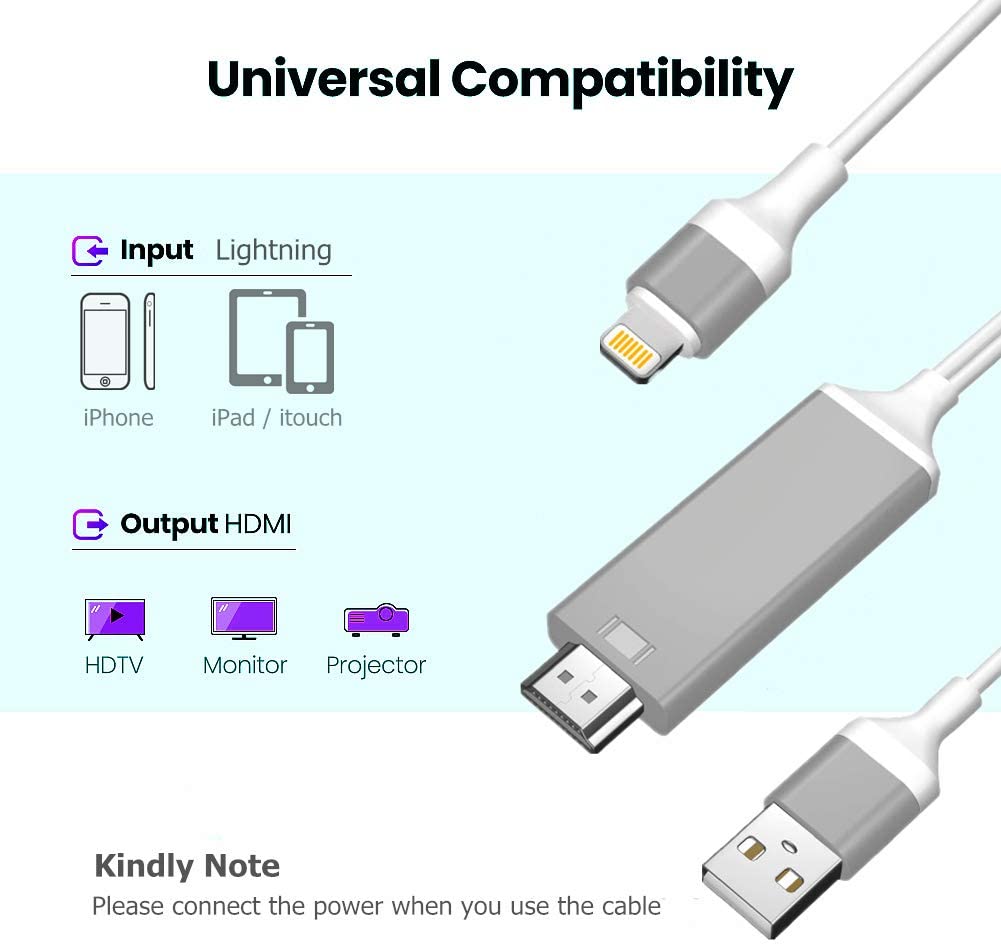 LHC-6: 6ft Lightning to HDMI Video Adapter Cable for iPhone iPad to HDTV Converter