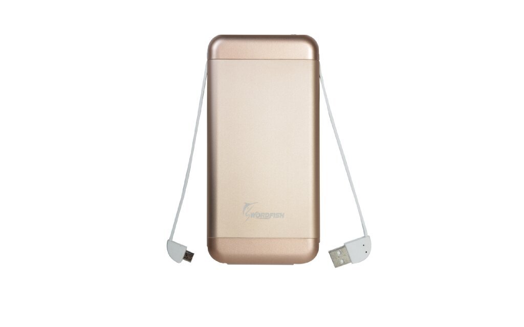 SPB-215: Swordfish Built in Charging Cable 15000mAh Portable Charger External Battery Pack, iPhone, Samsung, Andriod, Smart Phones and Tablets, Gold